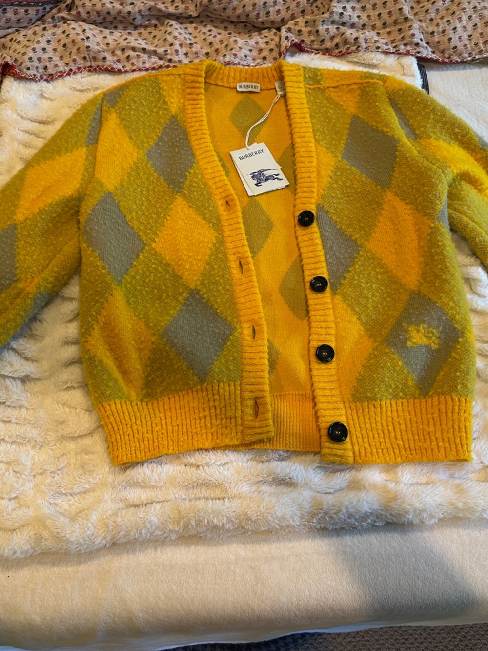 Burberry Yellow and Gray Argyle Cardigan Sweater